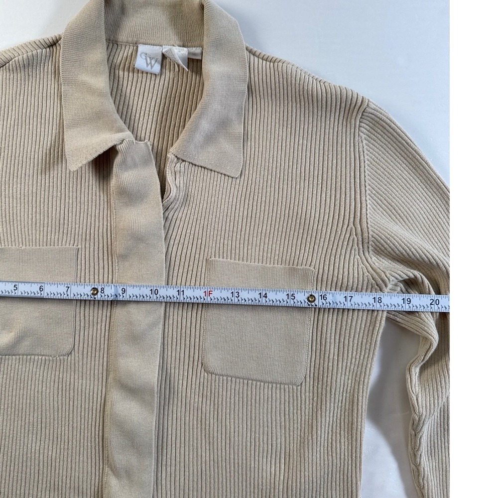CW Womens Beige‎ Ribbed Knit Cotton Collared Zip Up Sweater Top Pockets Medium - Picture 3 of 7